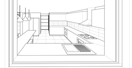 kitchen interior sketch 3D illustration