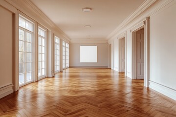 Obraz premium Spacious empty hall with blank white poster. AI generated illustration.