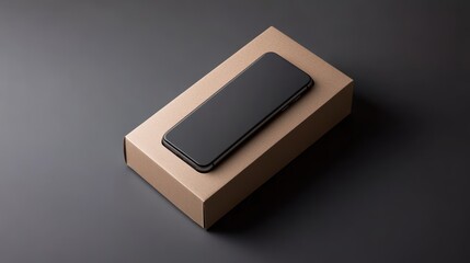 Modern Smartphone and Minimalist Packaging on Dark Surface, Perfect for Technology, Gadgets, and Consumer Electronics Related Visuals
