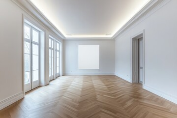 Spacious empty hall with blank white poster. AI generated illustration.