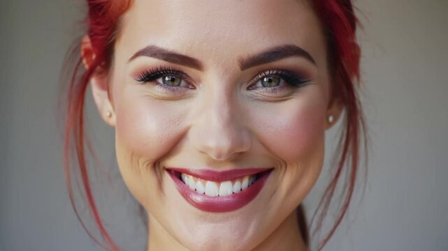 Same one Beautiful women's face and smiles of 3 main different hair colors - black, blond and red - 3 parts