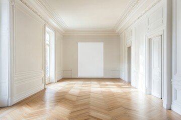 Fototapeta premium Spacious empty hall with blank white poster. AI generated illustration.