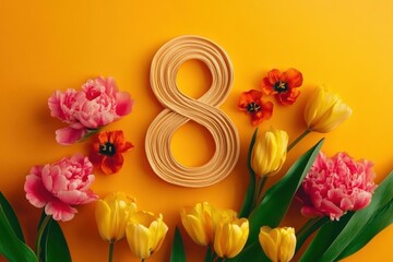 Fototapeta premium Floral number eight with colorful tulips and peonies on vibrant orange background