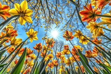 Fototapeta premium Vibrant yellow and orange tulips under bright sunlit blue sky