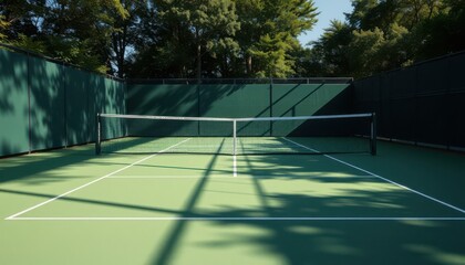 Tennis match preparation outdoor court sports photography sunlit environment wide angle view competitive spirit