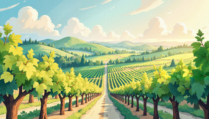 Naklejka premium Whimsical vineyard landscape under clear sky, artistic serenity