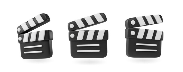 Movie clapper board in black and white. 3d clapper board set Film industry, cinema icon, video production concept. Filmmaking symbol. Making video blog content