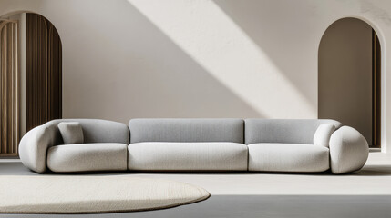 Fototapeta premium Modern minimalist living room with a light blue sofa, coffee table, indoor plants, and soft natural lighting, featuring Scandinavian interior design