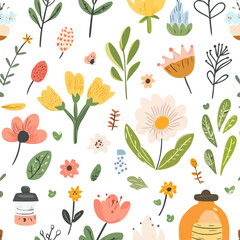 Seamless Pattern with Summer Flowers and Leaves on White Background