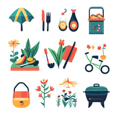 Charming Picnic Still Life with Umbrella, BBQ, Bicycle, and Floral Accents