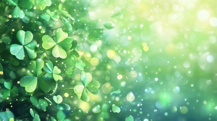 Obraz premium Vibrant green clover leaves with magical glowing light and bokeh background. Saint Patrick's Day, St Paddy's Day, St Patty's Day - Irish National Holiday and Cultural Celebration