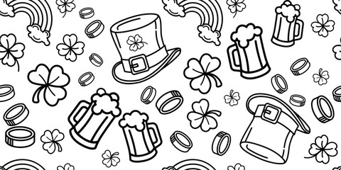 Irish holiday pattern with leprechaun hats, beer, and shamrocks Seamless black and white pattern with St. Patricks Day symbols for festive backgrounds, holiday decorations, coloring pages.Vector