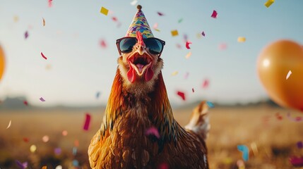 Celebratory chicken wearing sunglasses and party hat amidst falling confetti