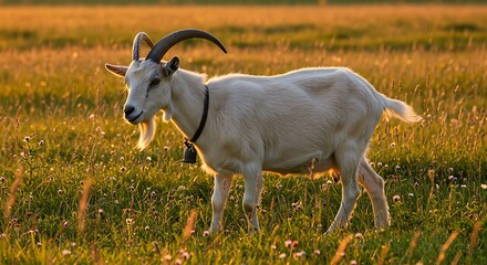 Obraz premium Goat in sunlit meadow - Peaceful rural scene - Nature and agricultural publications