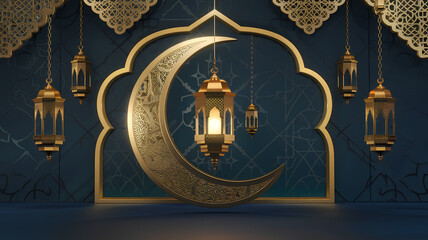 Luxury Ramadan Kareem Design with a Glowing Golden Lantern Suspended in a Crescent Moon Surrounded by Ornate Islamic Patterns Elegant Arabic Calligraphy and Decorative Elements Reflecting the Ramadan