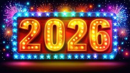 Vibrant 2026 neon sign with fireworks celebration display. Happy New Year 2026