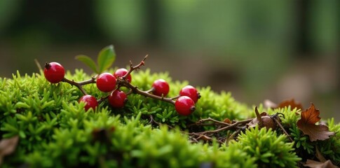 Lingonberry sprigs entwined with green moss and red berries, forest floor, forest