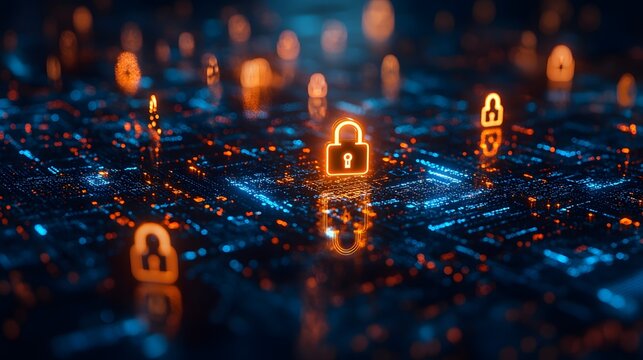 Abstract representation of quantum cryptography with glowing digital lock symbols