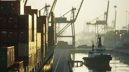 Large cargo ship docked at empty port with stacked containers and idle cranes, symbolizing port strike and industrial tension.