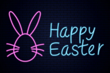 Neon "Happy Easter" sign with glowing bunny outline on dark brick wall, festive holiday decoration