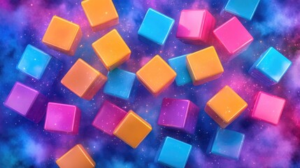 Obraz premium Colorful cubes floating in vibrant cosmic nebula background