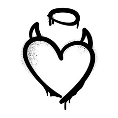 Graffiti heart with devil horns and angel halo dripping with spray paint texture. Perfect for street art designs, urban graphics, posters, tattoos, edgy digital artwork.Vector illustration