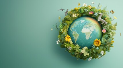 Fototapeta premium Queer Ecology concept. Vibrant Ecosystem with Diverse Plants and Animals Enveloping the Earth Globe