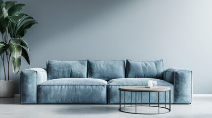 Modern minimalist living room with a light blue sofa, coffee table, indoor plants, and soft natural lighting, featuring Scandinavian interior design