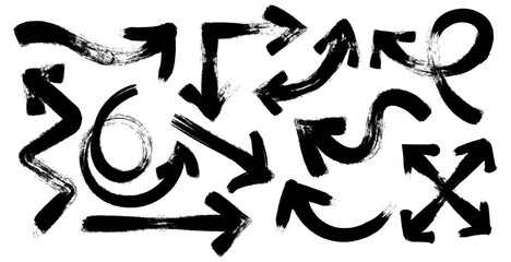 Black grunge brushstroke arrows set with rough, expressive textures on a white background. Ideal for graphic design, direction symbols, creative, posters, street art, abstract .Vector illustration