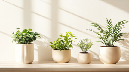 Fototapeta premium Home plant in pots on beige background with shadows. Minimalistic interior. Houseplant care