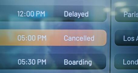 International Airport Terminal: Arrival and Departure Information Monitor Showing Flight Data and Status of Flights for Travelers. Digital Timetable Board For Passengers with Planes Schedule. Close Up