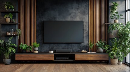 Close-up of a sleek, large flat-screen TV mounted on a dark gray concrete wall, angled to the left, exuding modern elegance and sophistication