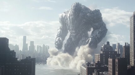 Giant metallic creature looms over a cityscape, creating a dramatic scene with clouds and buildings