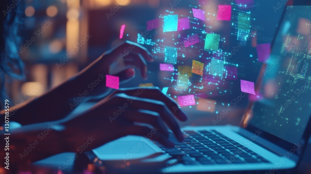 Poster hands typing on laptop keyboard and interacting with colorful holographic user interface, futuristic
