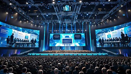 Large Business Conference with a Packed Audience Watching a High-Tech Stage Featuring Giant Screens and Professional Speakers

