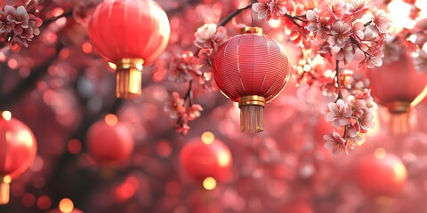 Obraz premium Red Chinese lanterns and cherry blossoms celebrating Chinese New Year