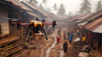 A drone delivering emergency medical supplies to a remote village