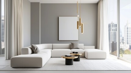Scandinavian high tech Hollywood living room, sleek gray walls, plush modular sofa, floating gold details, sculptural lighting, soft cream drapes