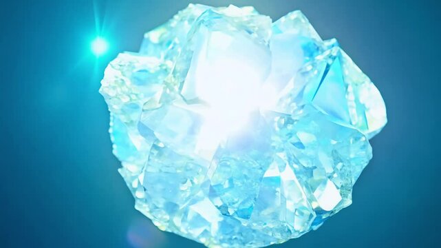 Vibrant macro 360-degree orbit video, glowing celestite crystals cluster, pale blue forms, backlit, establishing, fragile structure, ethereal beauty, soft shines