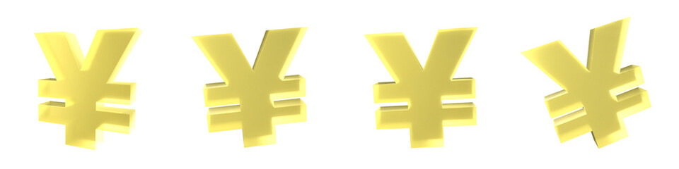 Obraz premium Set of 4 3d yellow frosted glass yen signs isolated on a transparent background. Transparent frosted glass morphism icon. 3d financial elements for graphic design.