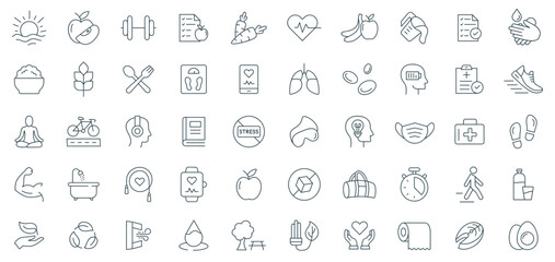 Healthy Lifestyle Line Icon Set: Vector Illustrations of Health and Wellness, Fitness, Nutrition, and Lifestyle symbols