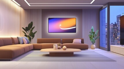 Scandinavian high tech living room, matte taupe walls, plush brown sectional, interactive LED panels, floating coffee table, digital abstract painting