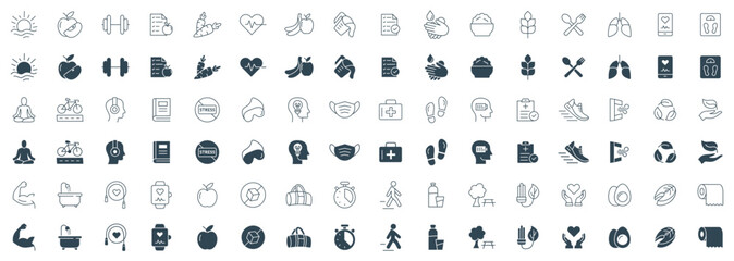 Healthy Lifestyle Icon Set. Line and solid Vector Illustrations of Wellness, Fitness, Nutrition, and Lifestyle