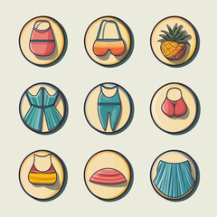 Colorful Icons of Summer Apparel and Pineapple in Circular Designs