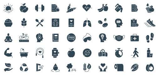 Healthy Lifestyle Solid Icon Set: Vector Illustrations of Health and Wellness, Fitness, Nutrition, and Lifestyle symbols