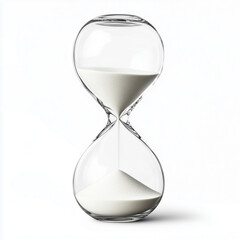 A glass hourglass with flowing white sand on a white background