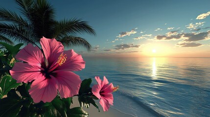 Tropical sunset with hibiscus and palm tree overlooking the ocean horizon