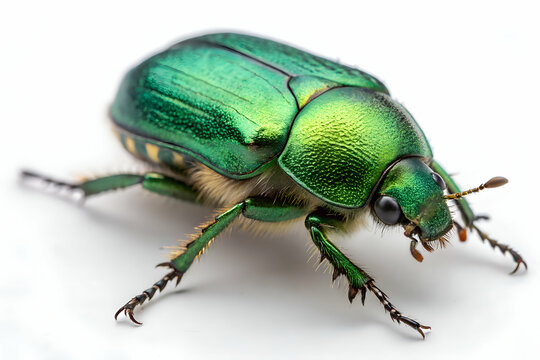 Vivid iridescent green bettle with reflective metallic exoskeleton appearing luminous under direct light