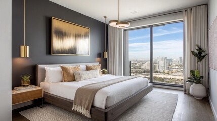 Scandinavian industrial Hollywood bedroom, charcoal walls, floating platform bed, brass pendant lights, abstract metallic artwork, soft beige bedding
