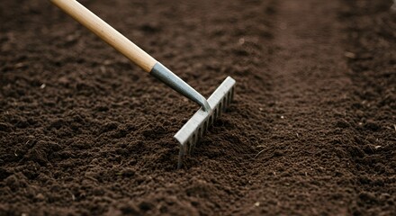 Metal rake leveling the soil in a garden bed, detailed close-up shot, textured earth, soft natural lighting